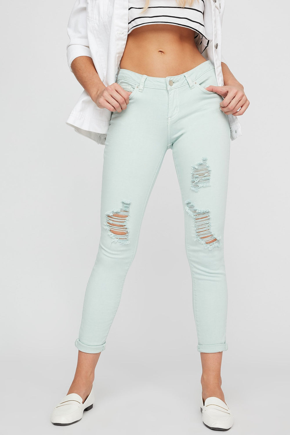 Women Distressed Coloured Skinny Jean Sage