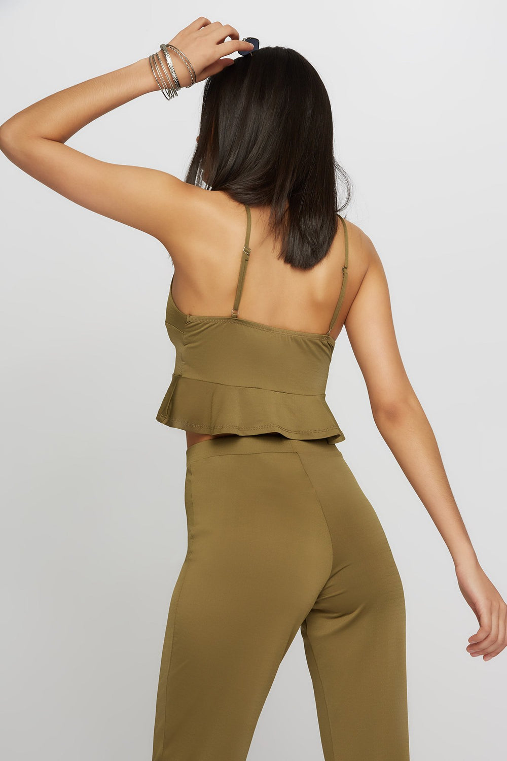 Women Front-Knot Ruffle Cropped Blouse Sage