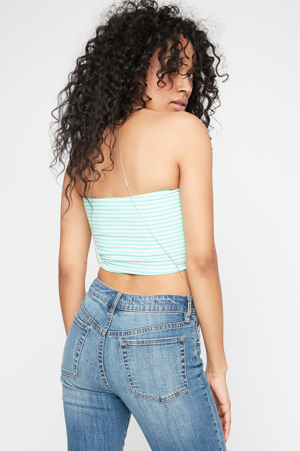 Women Striped Ribbed Cropped Tube Top Sage