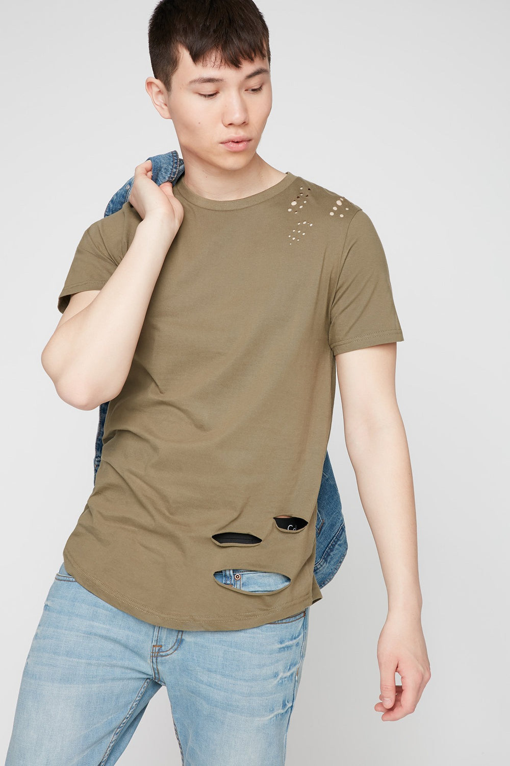 Men Distressed Crewneck T-Shirt Sage