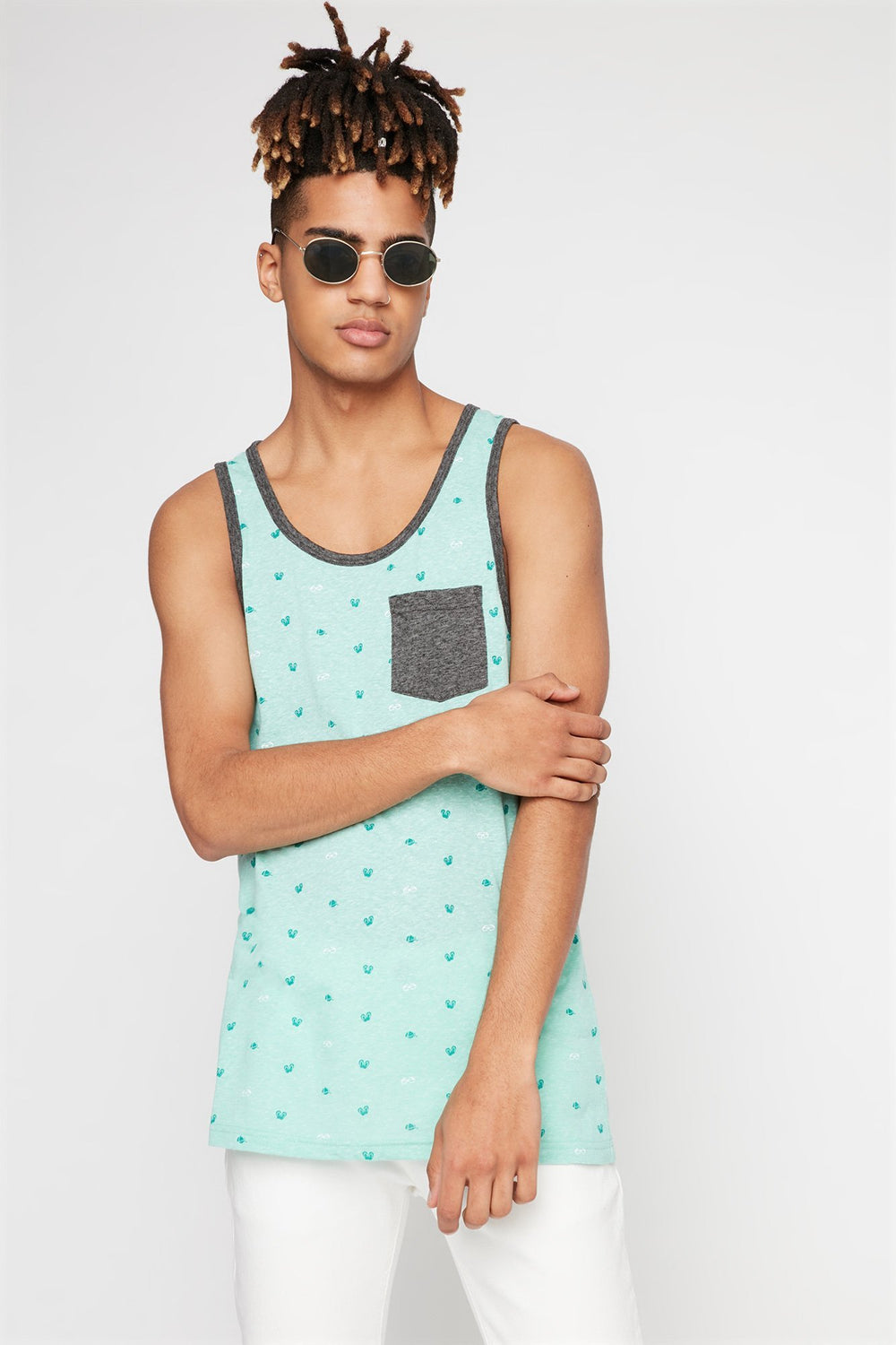 Men Printed Contrast Trim Pocket Tank Sage