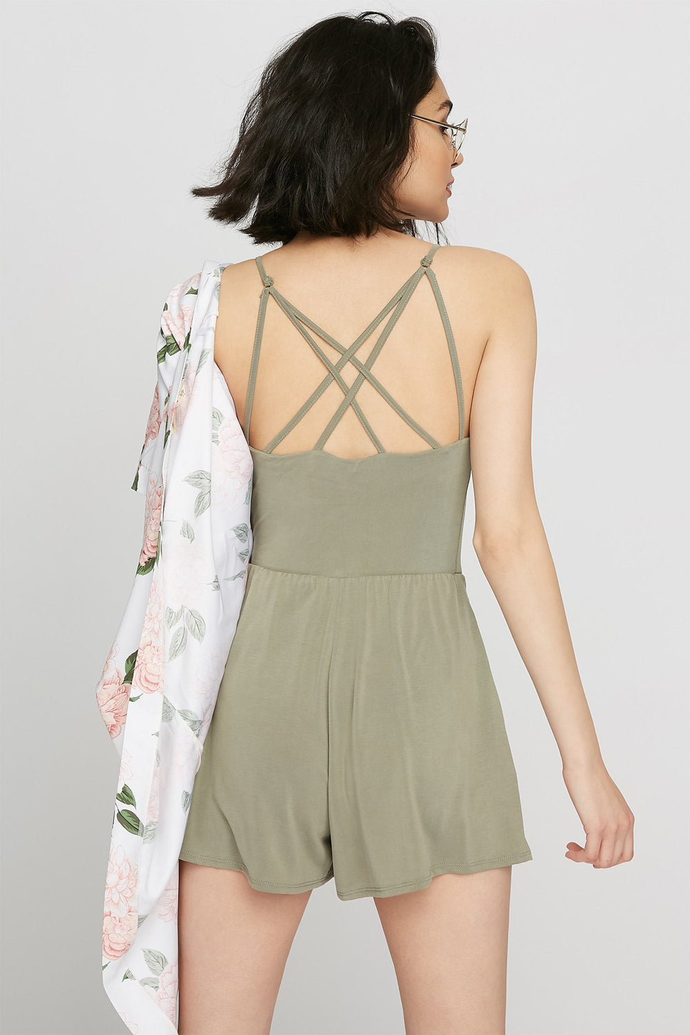 Women V-Neck Lattice Back Cami Romper Sage