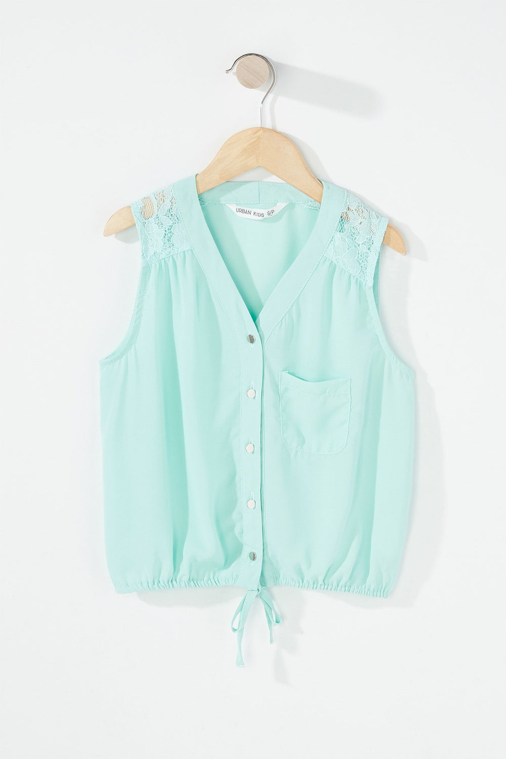 Kids Girls Button-Up Drawstring Cropped Blouse Sage
