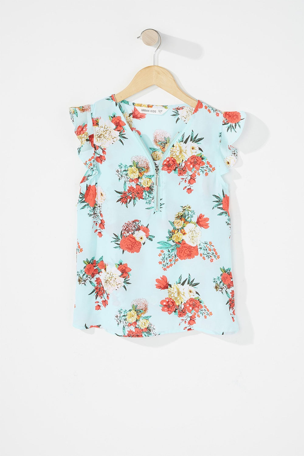 Kids Girls Floral Ruffle Half-Zip Blouse Sage