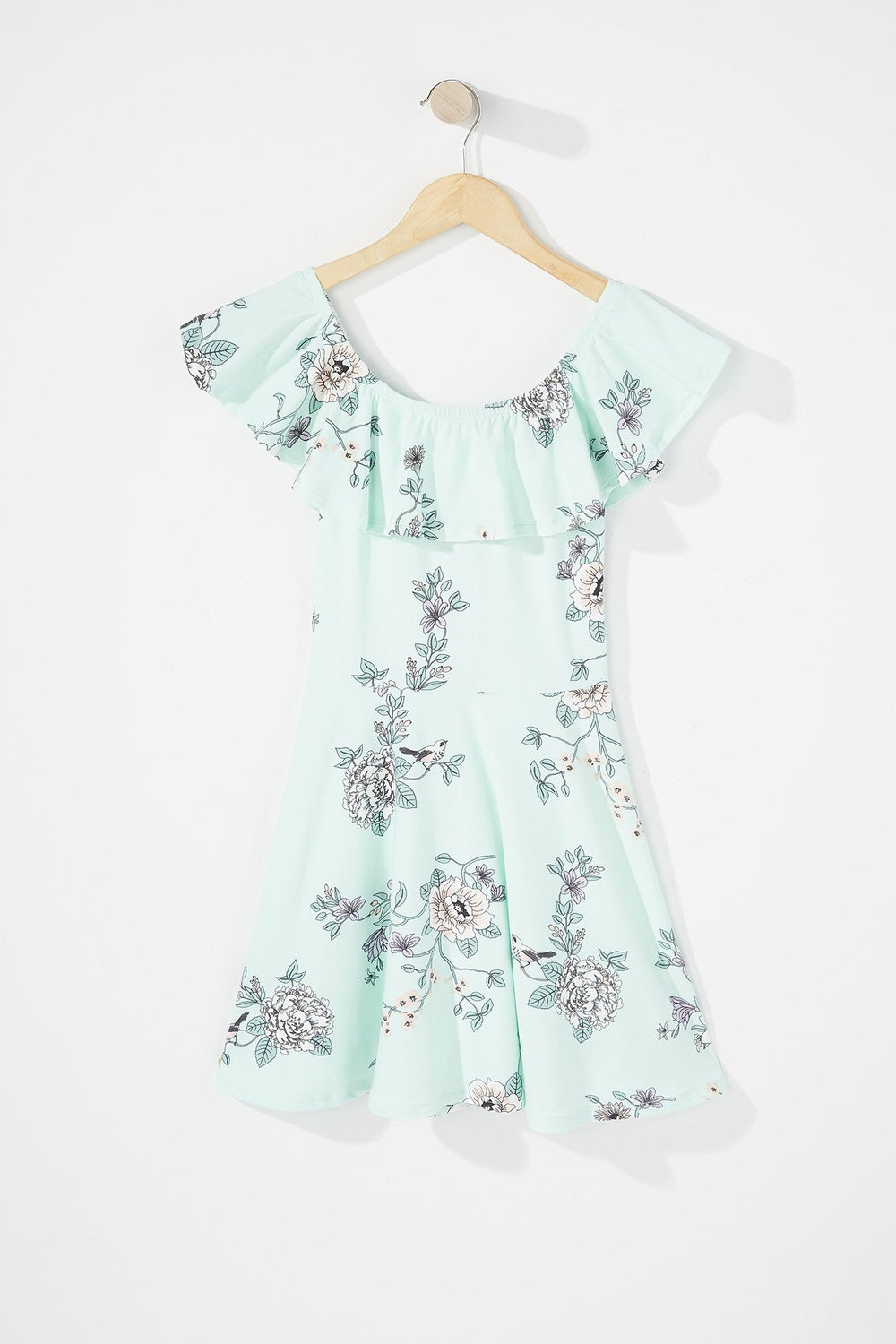 Kids Girls Floral Ruffle Off The Shoulder Pleated Dress Sage