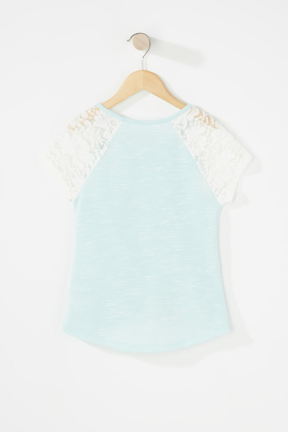 Kids Girls Lace Sleeve Front-Knot T-Shirt With Necklace Sage