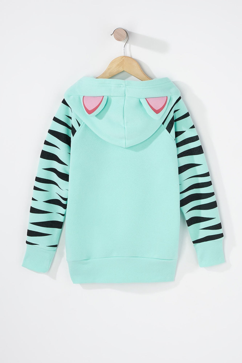 Kids Girls Mint Striped Cat Character Popover Hoodie Sage