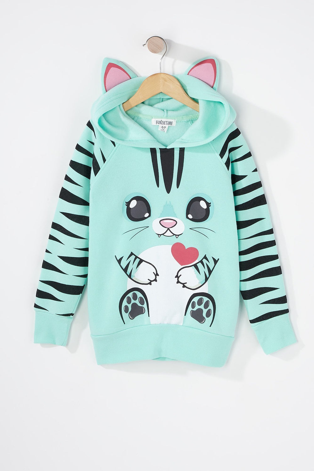 Kids Girls Mint Striped Cat Character Popover Hoodie Sage