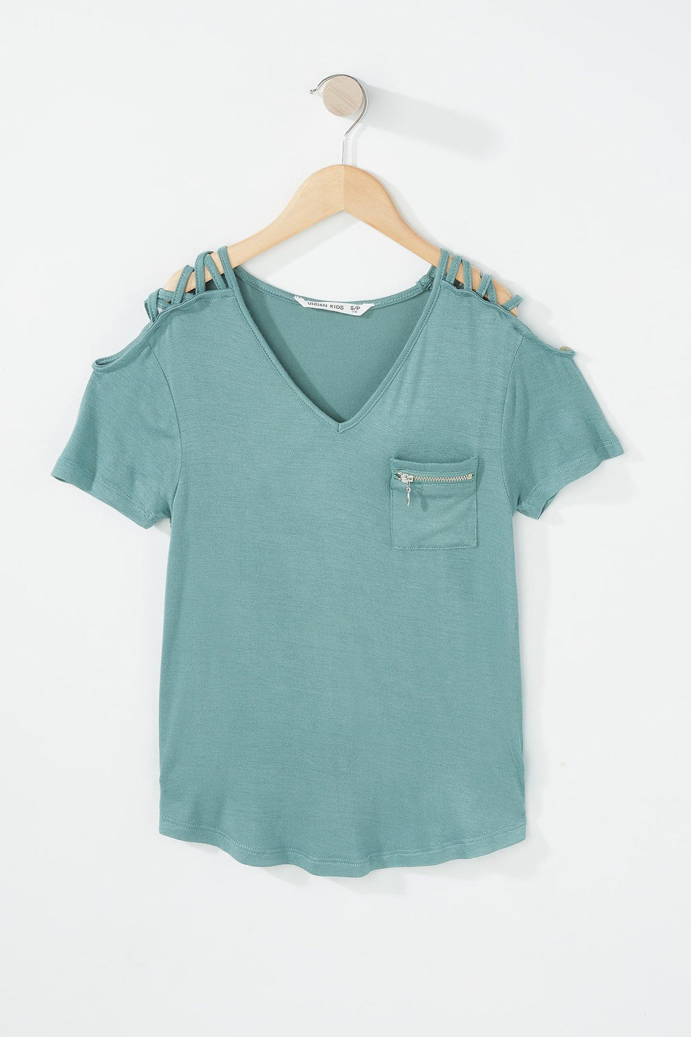 Kids Girls V-Neck Zipper Pocket Caged T-Shirt Sage