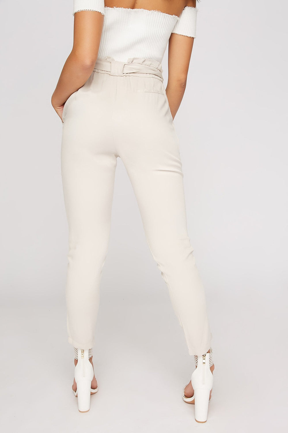 Women High-Rise Ruffle Self-Tie Soft Paperbag Pant Sand