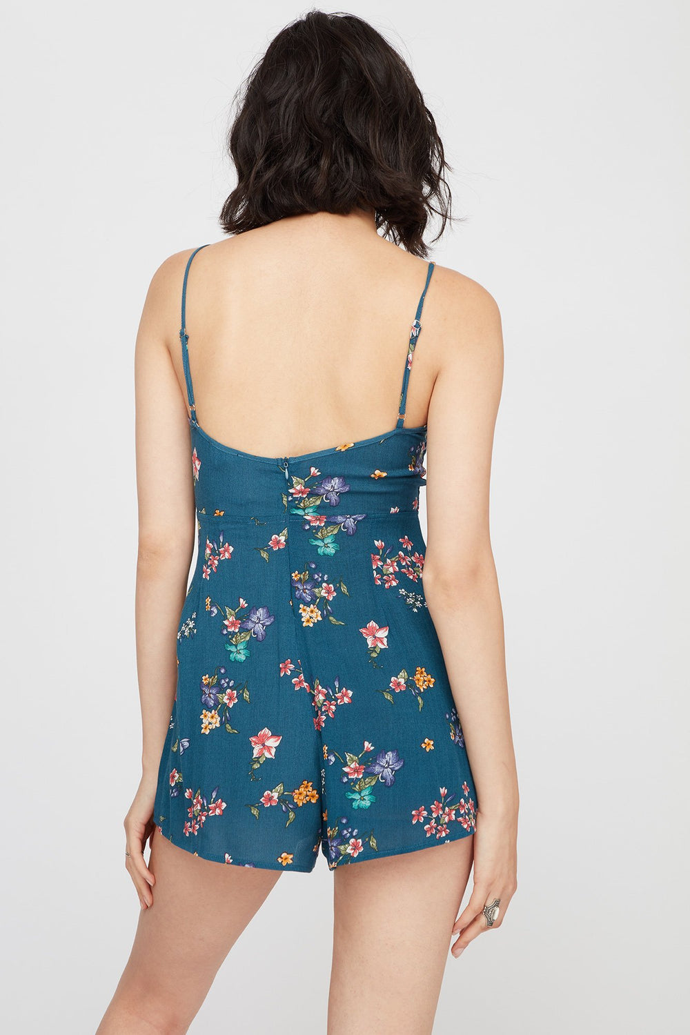 Women Combi-short fleuri noué devant à dos ouvert Sarcelle