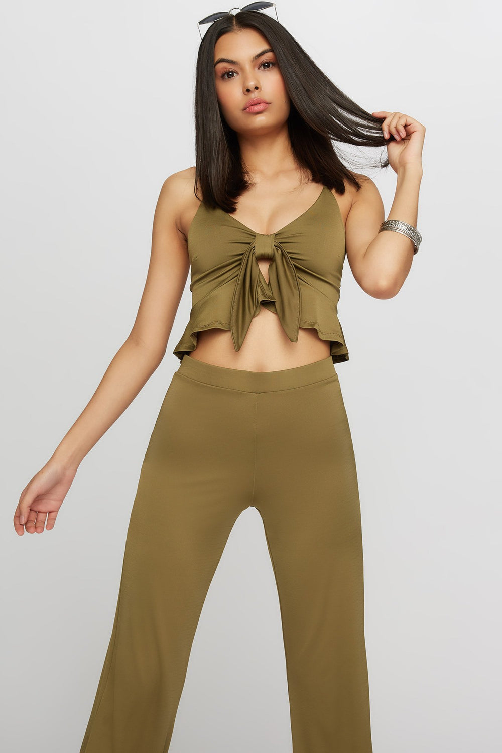 Women Blouse courte volantée nouée devant Sauge