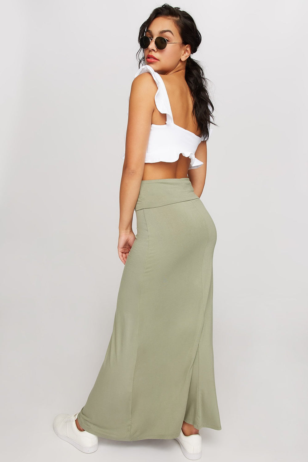 Women Jupe maxi douce à taille haute Sauge
