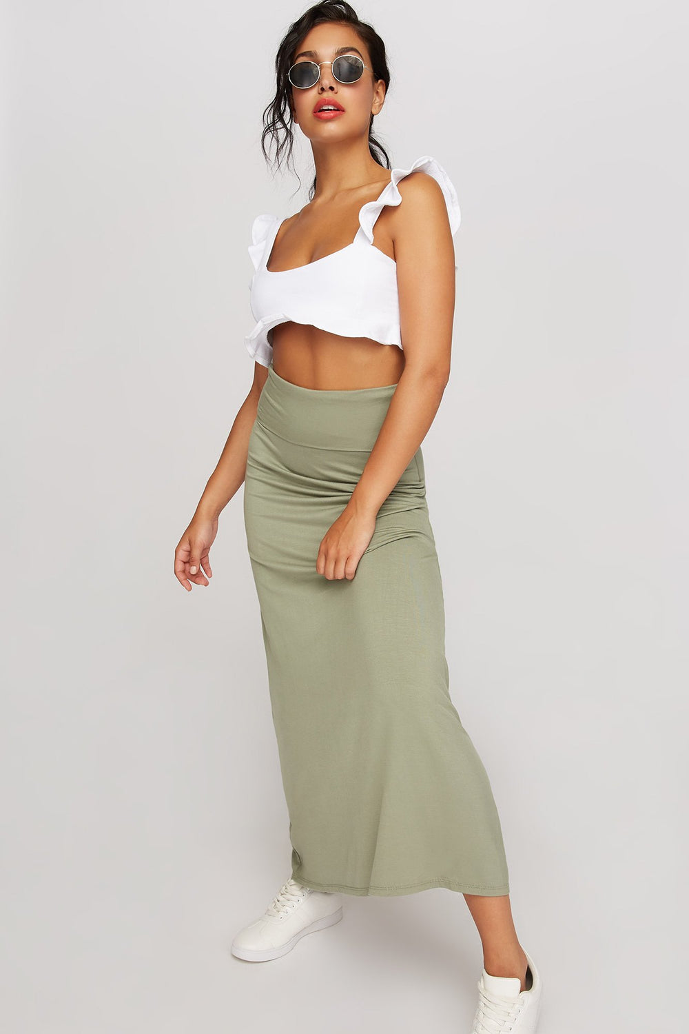 Women Jupe maxi douce à taille haute Sauge
