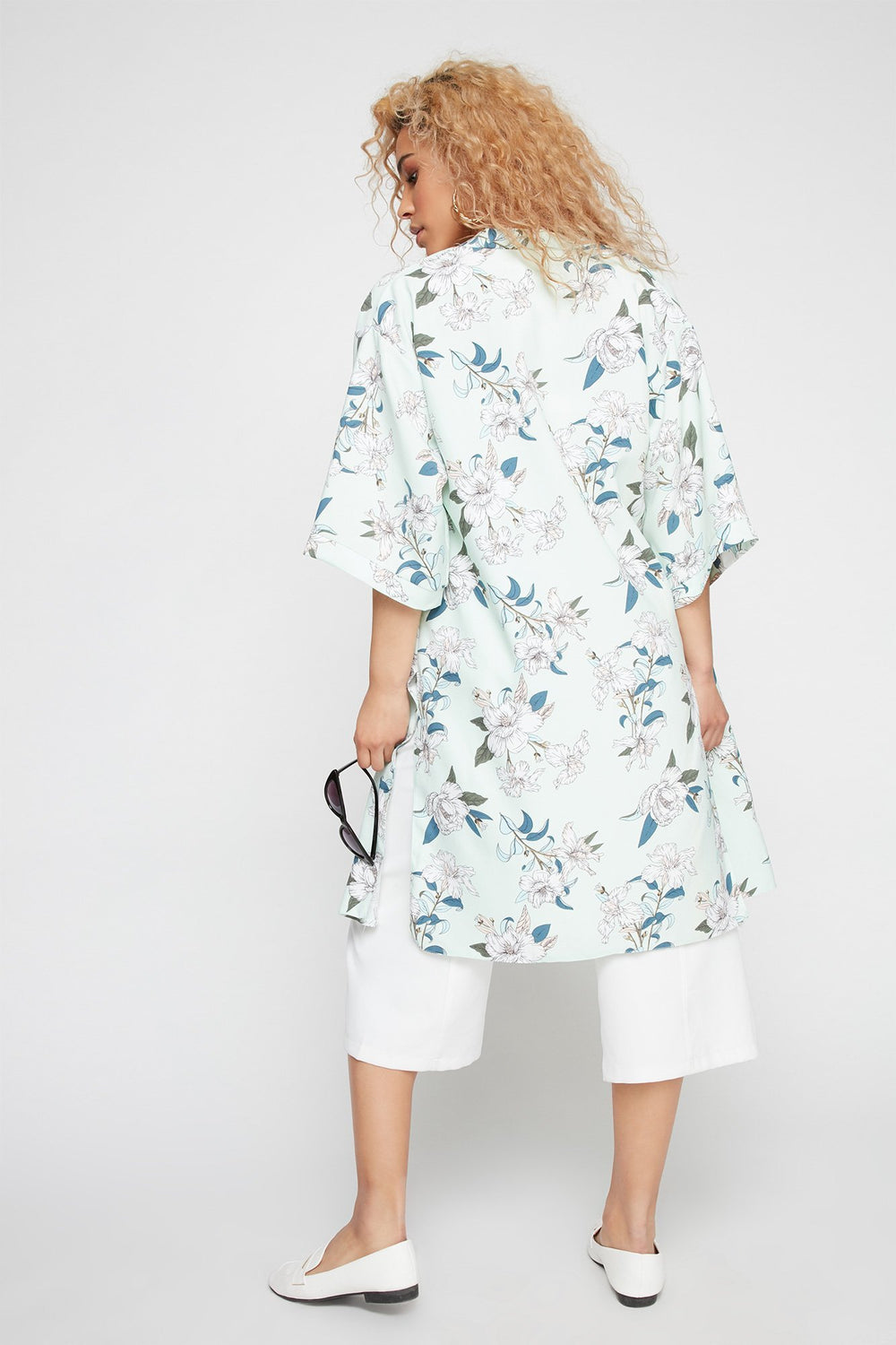 Women Cardigan-kimono ouvert imprimé avec fentes latérales Sauge