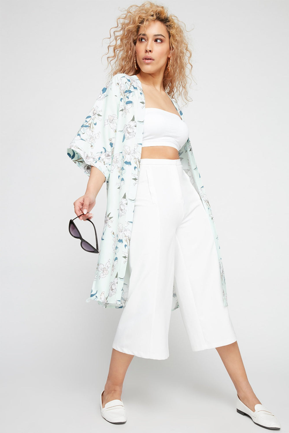 Women Cardigan-kimono ouvert imprimé avec fentes latérales Sauge