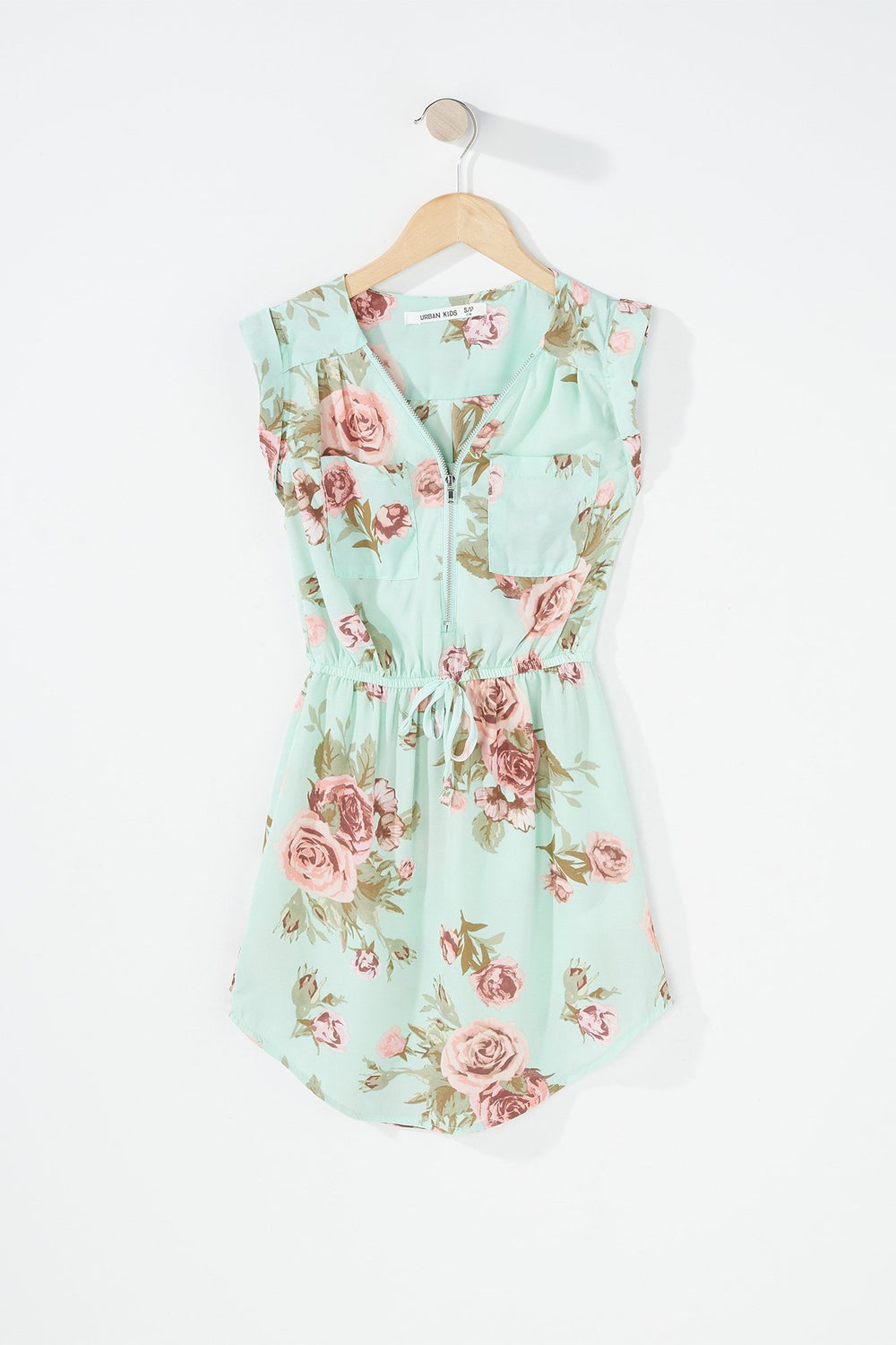 Kids Robe fleurie à ourlet arrondi et taille coulissante avec demi-fermeture à glissière pour fille Sauge