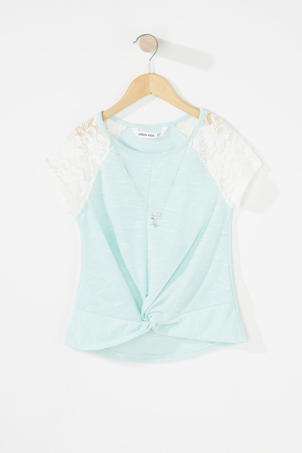 Kids T-shirt noué devant avec manches en dentelle et collier pour fille Sauge
