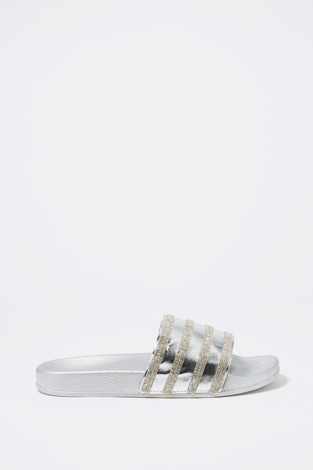 Women Glitter Striped Slider Sandals Silver