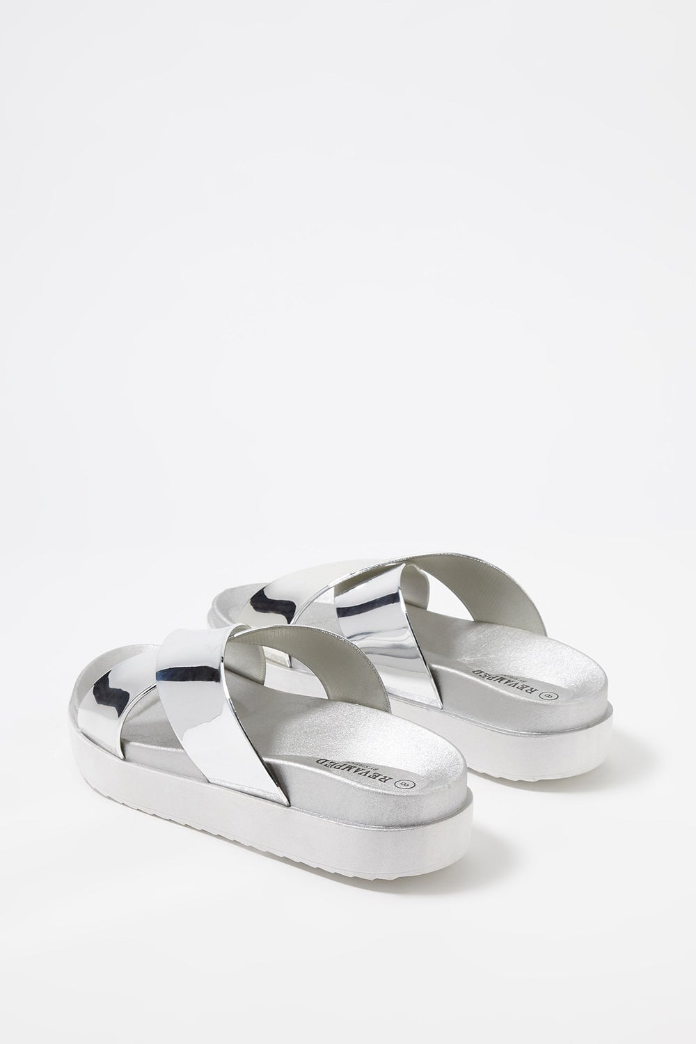 Women Metallic Banded Platform Slider Sandal Silver