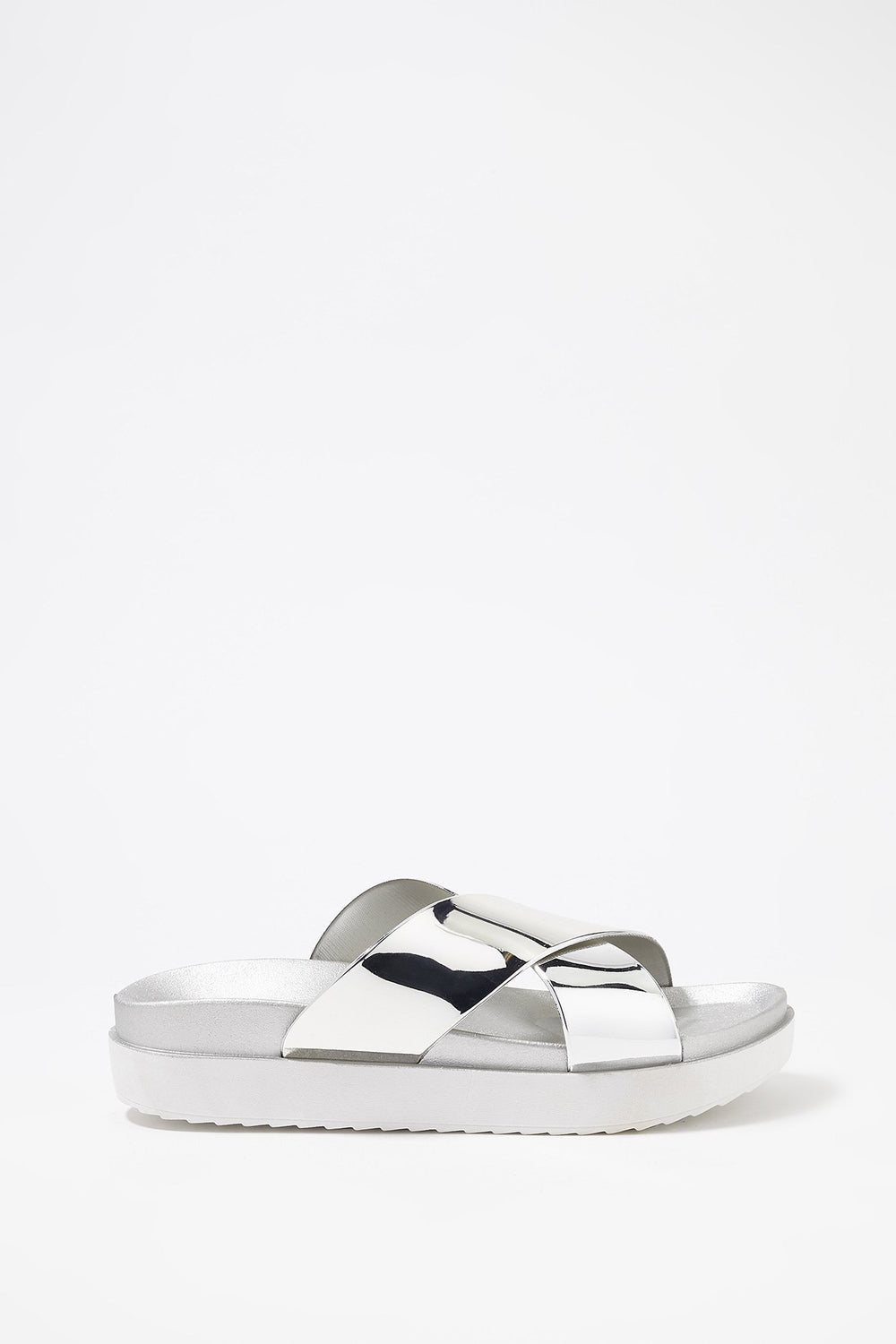 Women Metallic Banded Platform Slider Sandal Silver