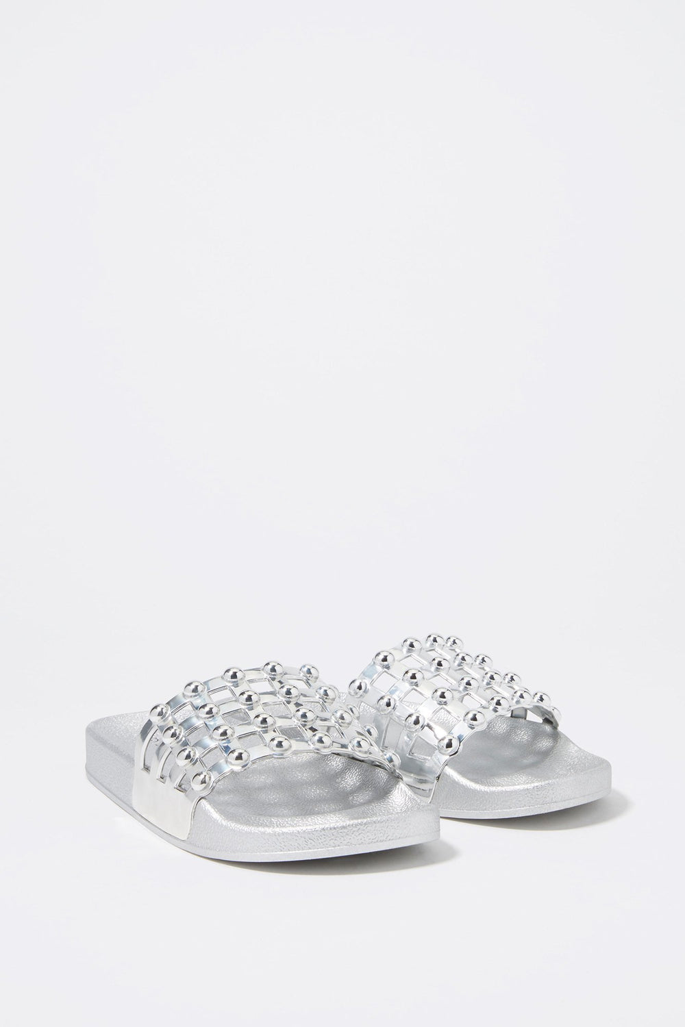 Women Metallic Studded Caged Slider Sandal Silver