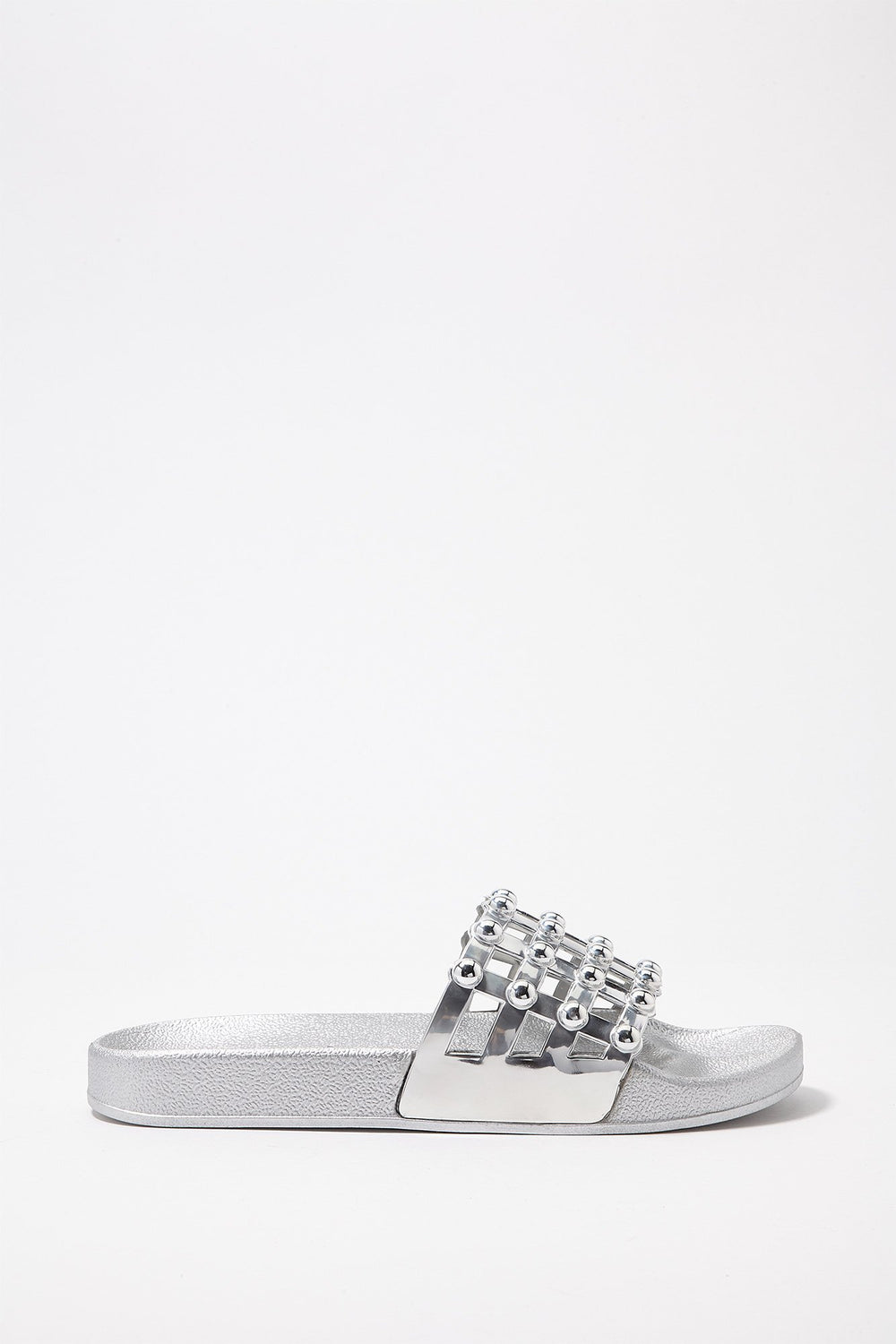 Women Metallic Studded Caged Slider Sandal Silver