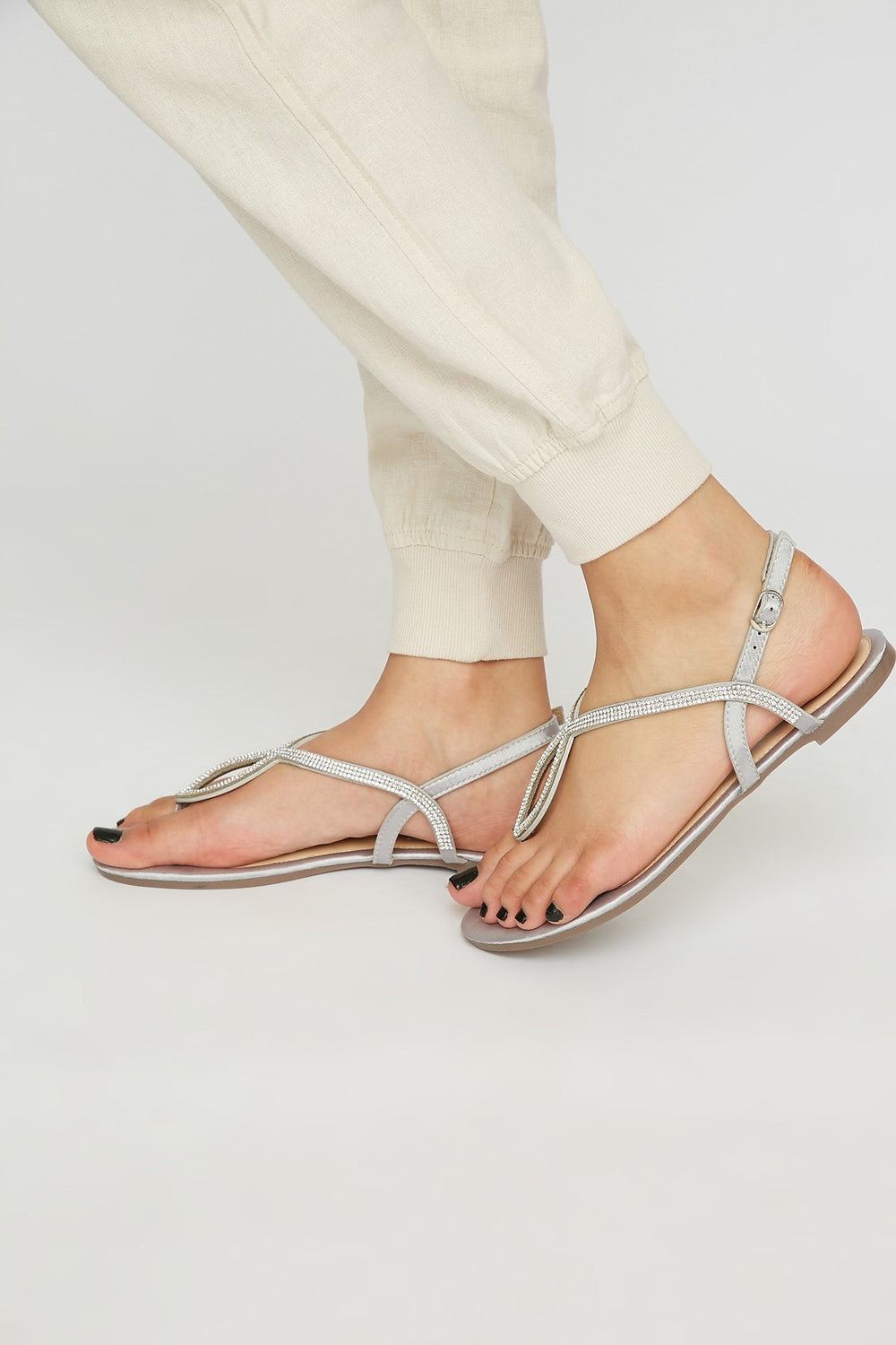 Women Rhinestone T-Bar Satin Sandal Silver