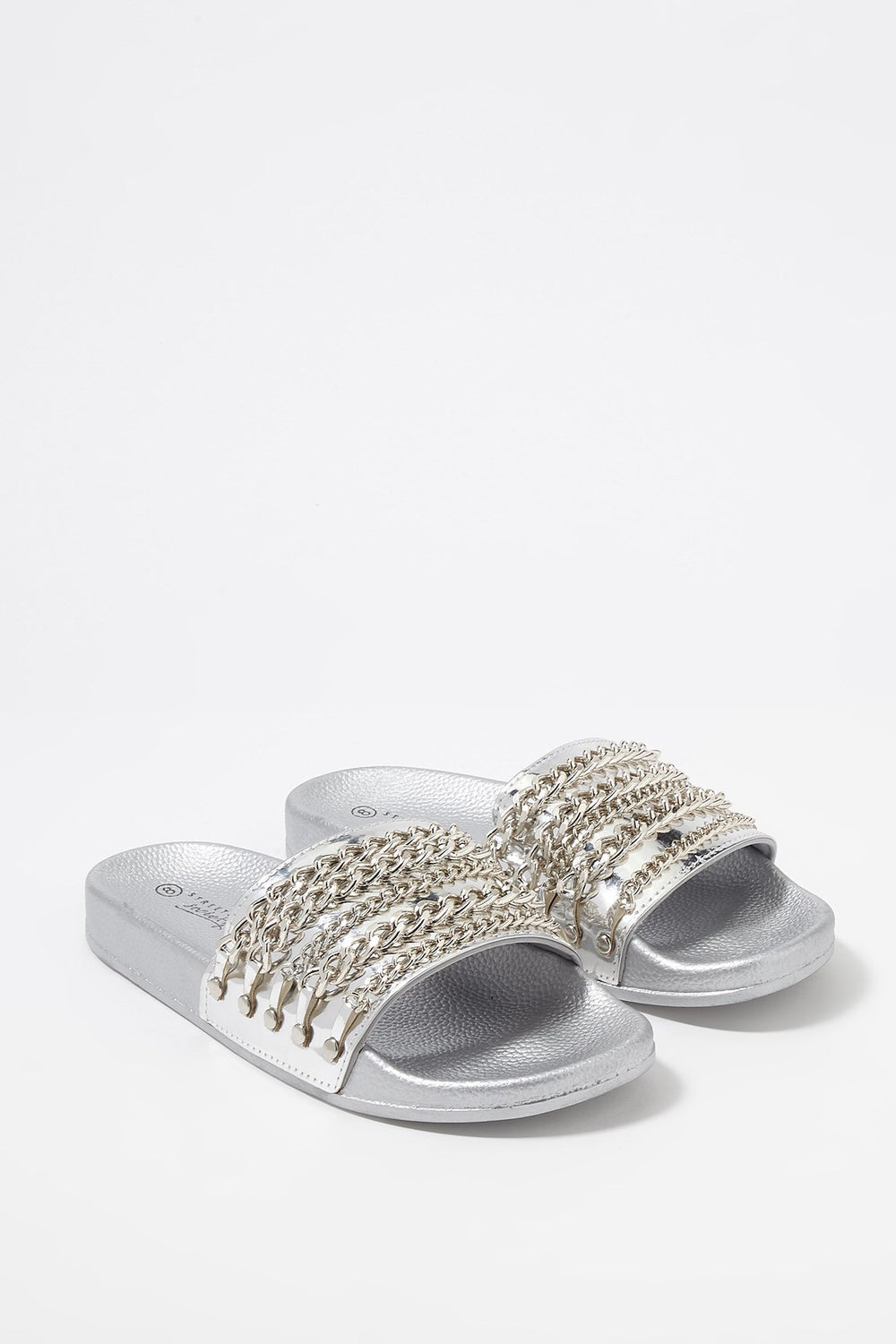 Women Chain-Link Banded Slider Sandal Silver