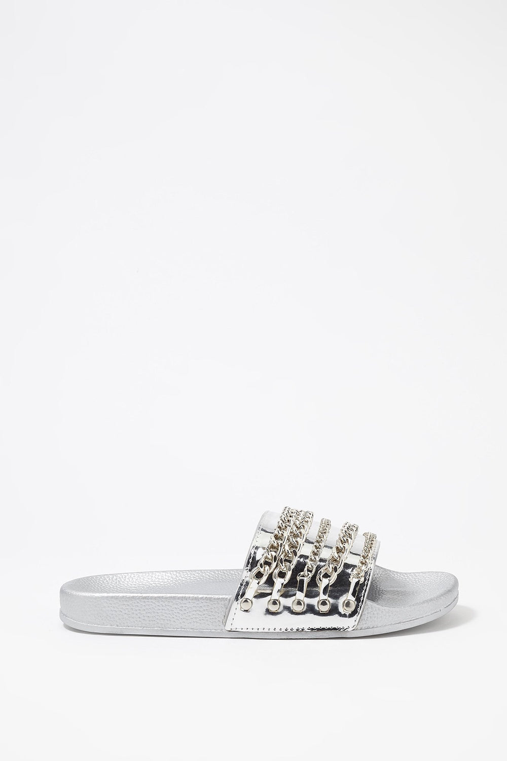 Women Chain-Link Banded Slider Sandal Silver