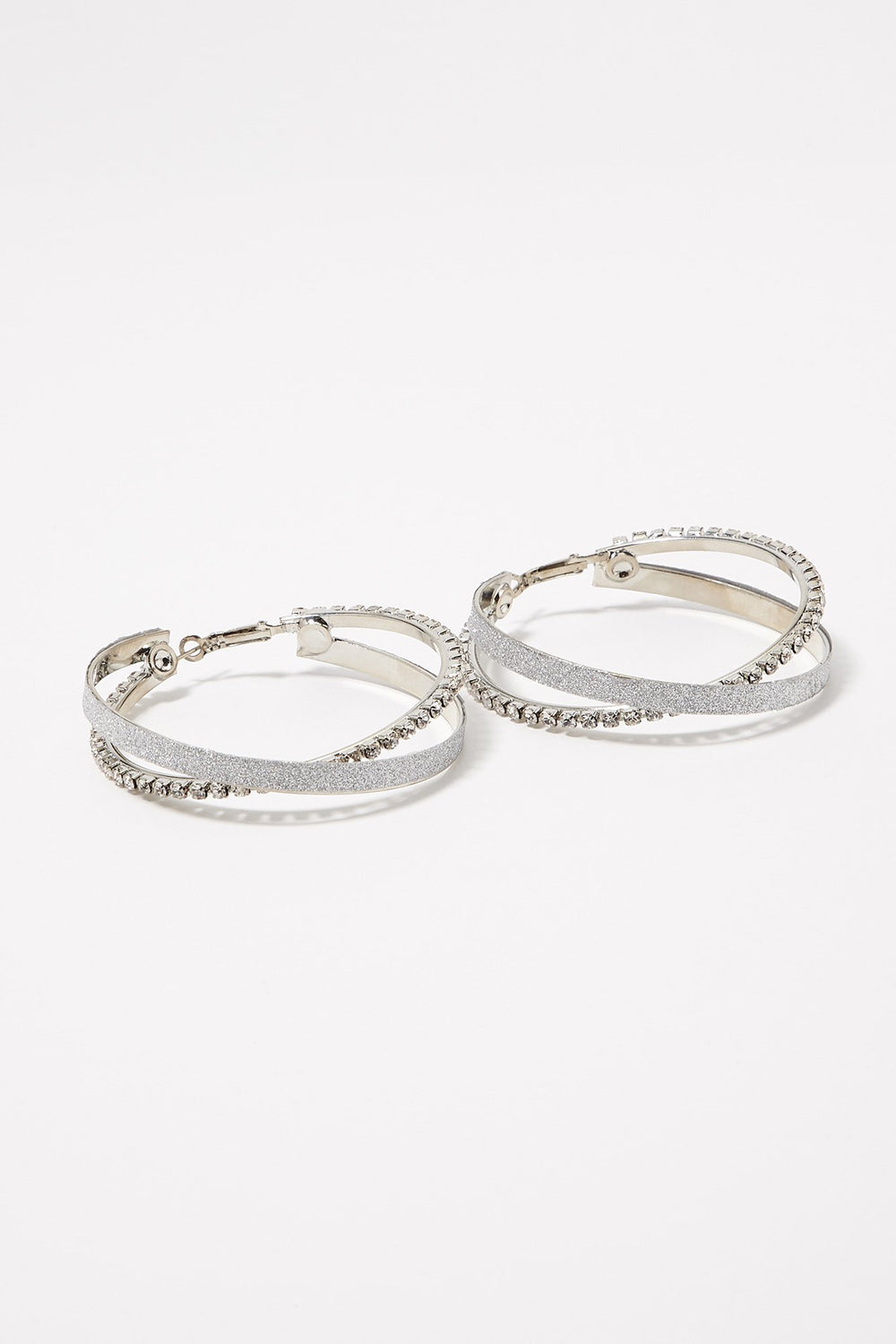 Women Double Layer Rhinestone Glitter Hoop Earrings Silver