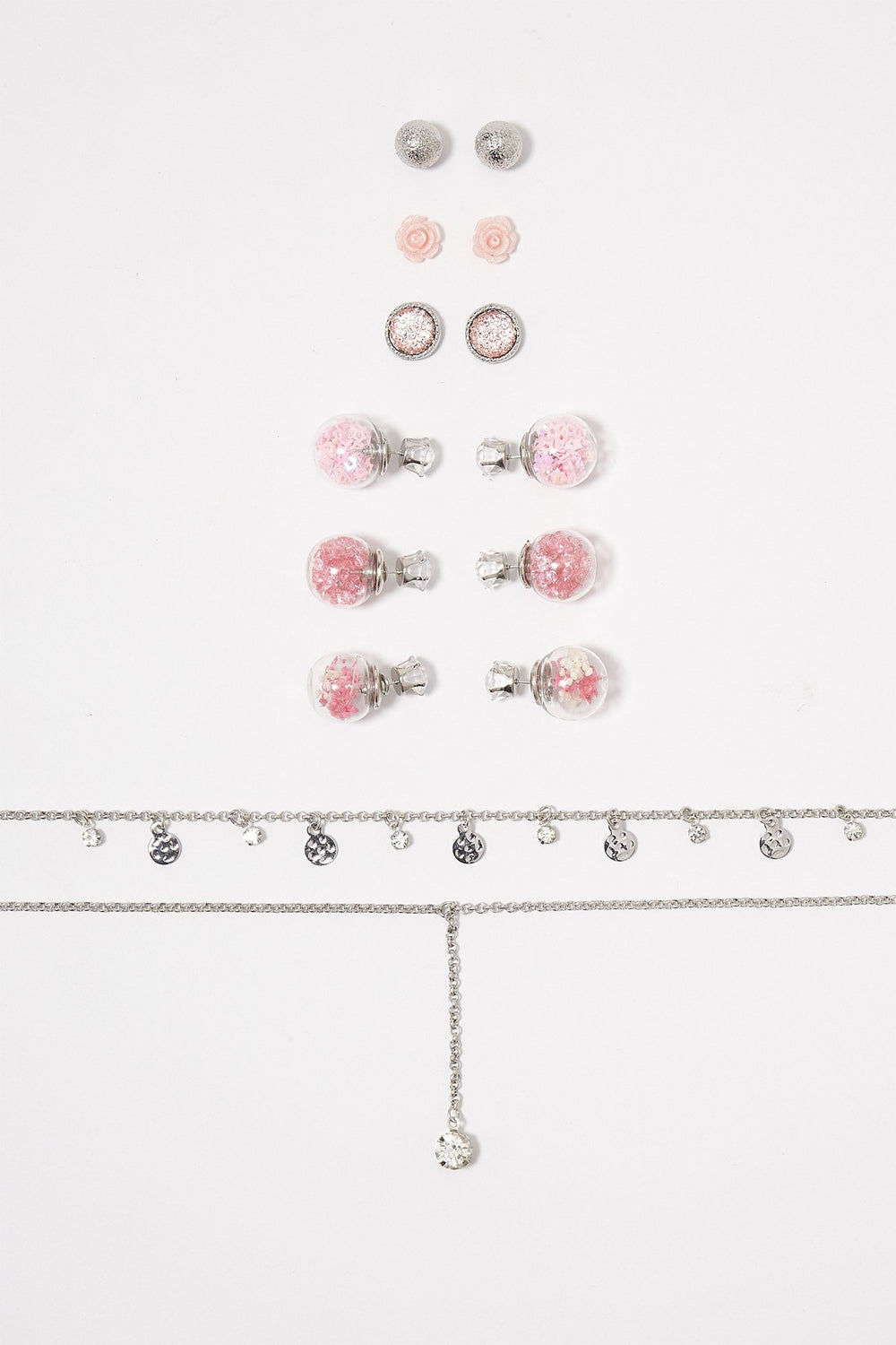 Women Floral Rhinestone Ball Stud Earring & Necklace Set (9 PC) Silver