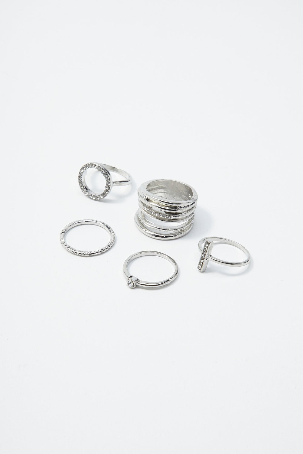 Women Rhinestone Circle Ring Set (5 PC) Silver