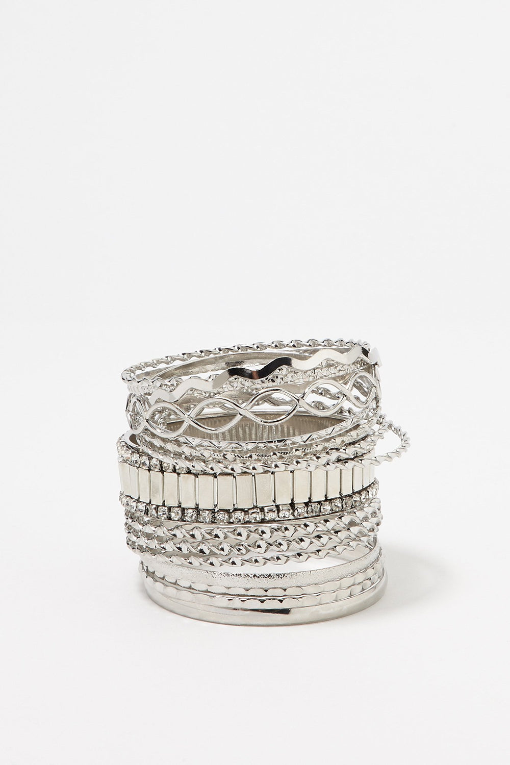 Women Twist & Rhinestone Bangle Bracelet Set (18 PC) Silver