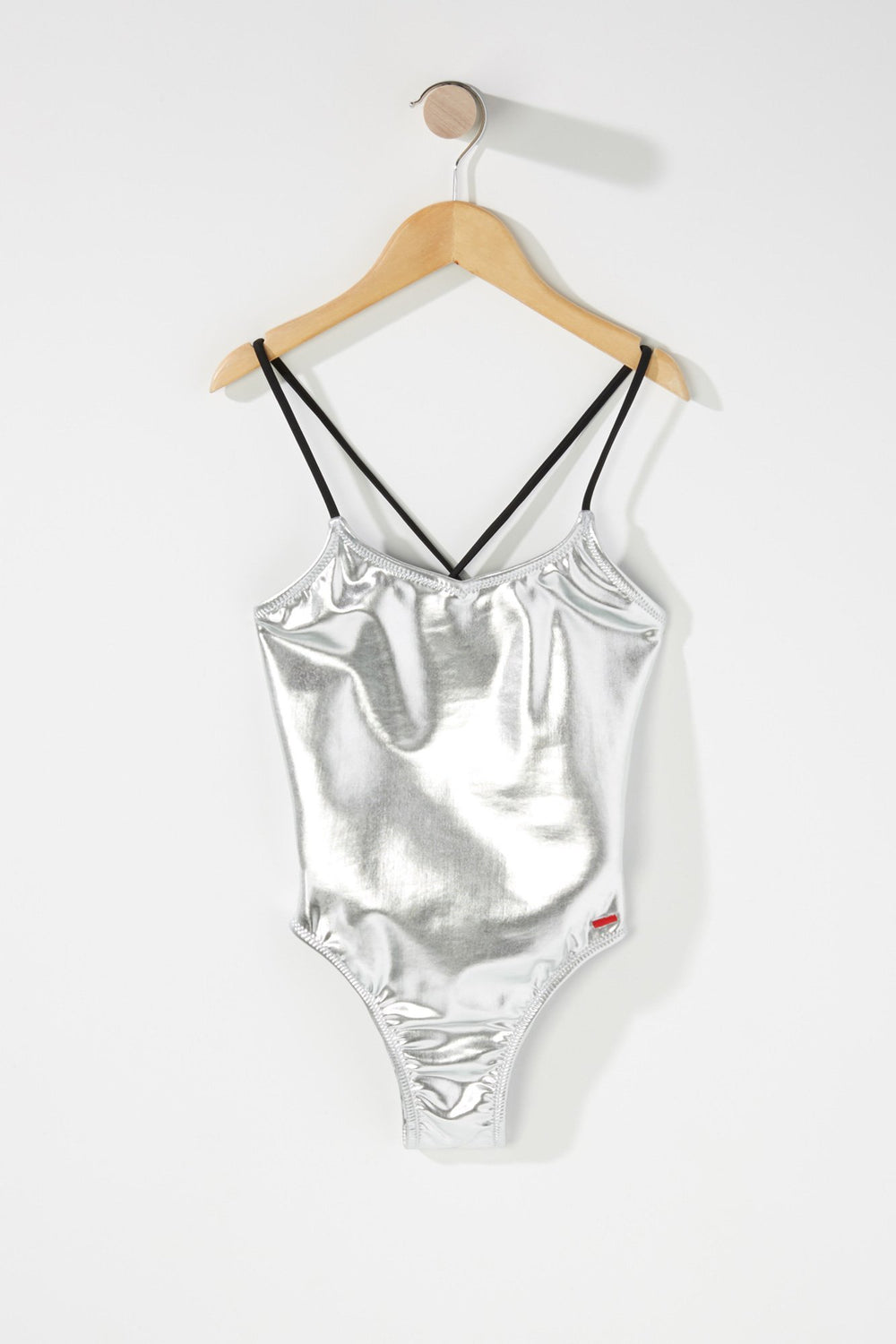Kids Girls Metallic Lace-Up Back One-Piece Swimsuit Silver