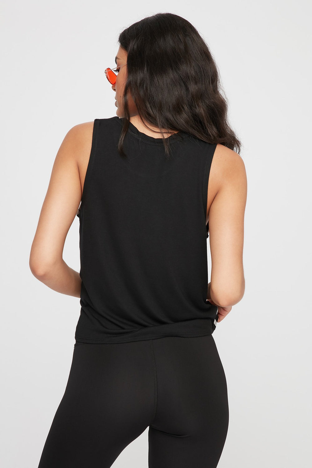 Women Side-Check Front-Knot Racer Tank Solid Black