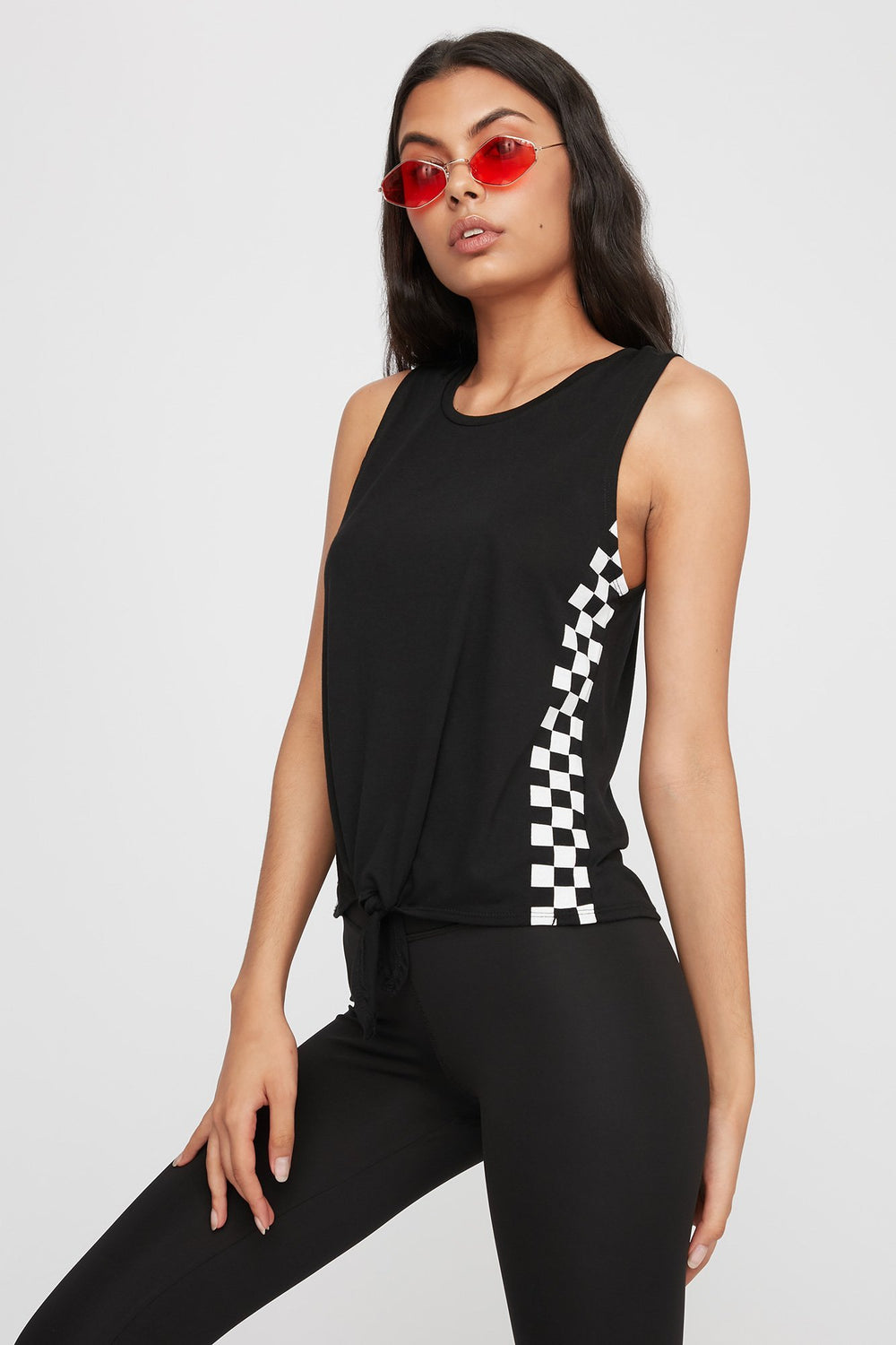 Women Side-Check Front-Knot Racer Tank Solid Black