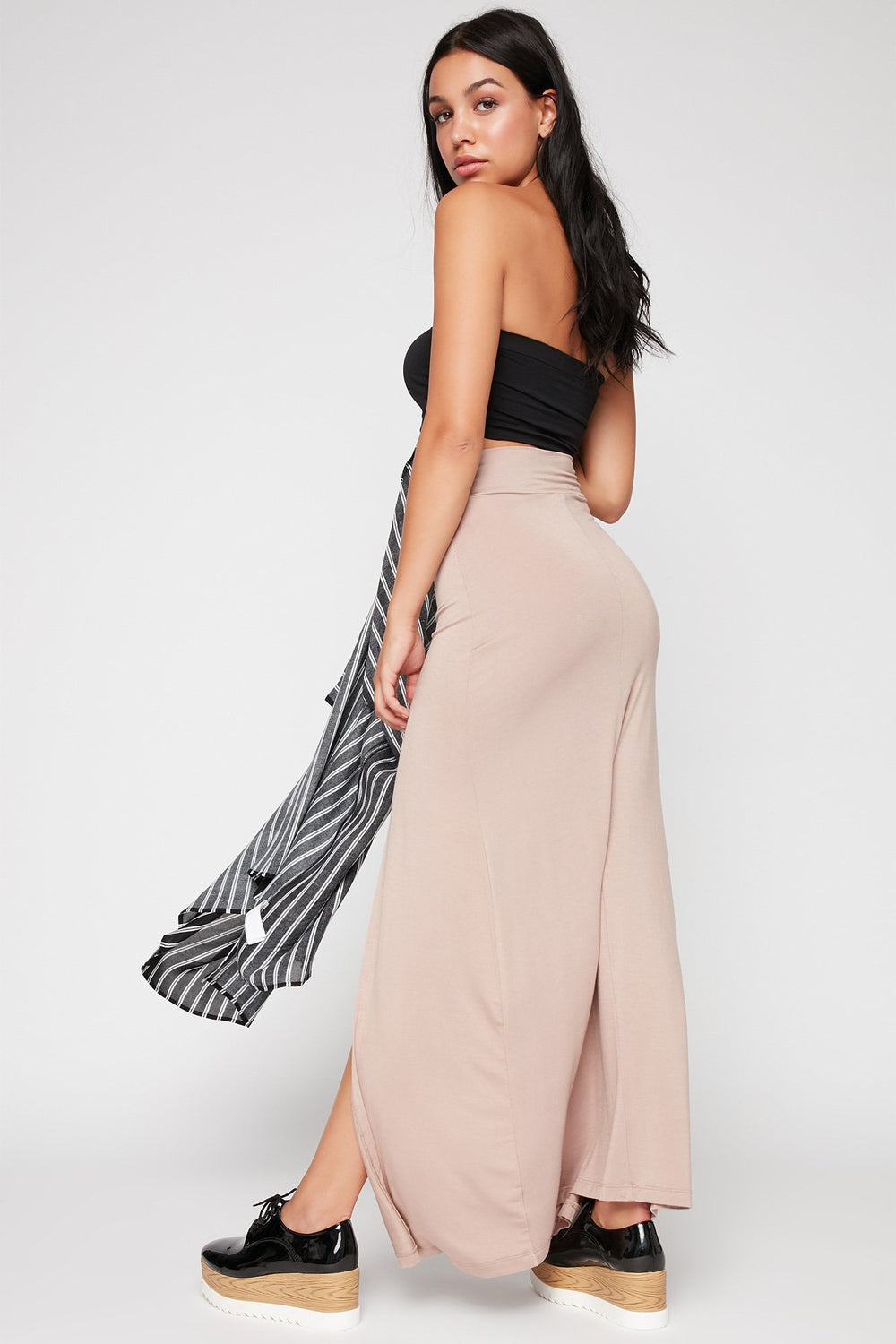Women High-Rise Slit Maxi Skirt Tan