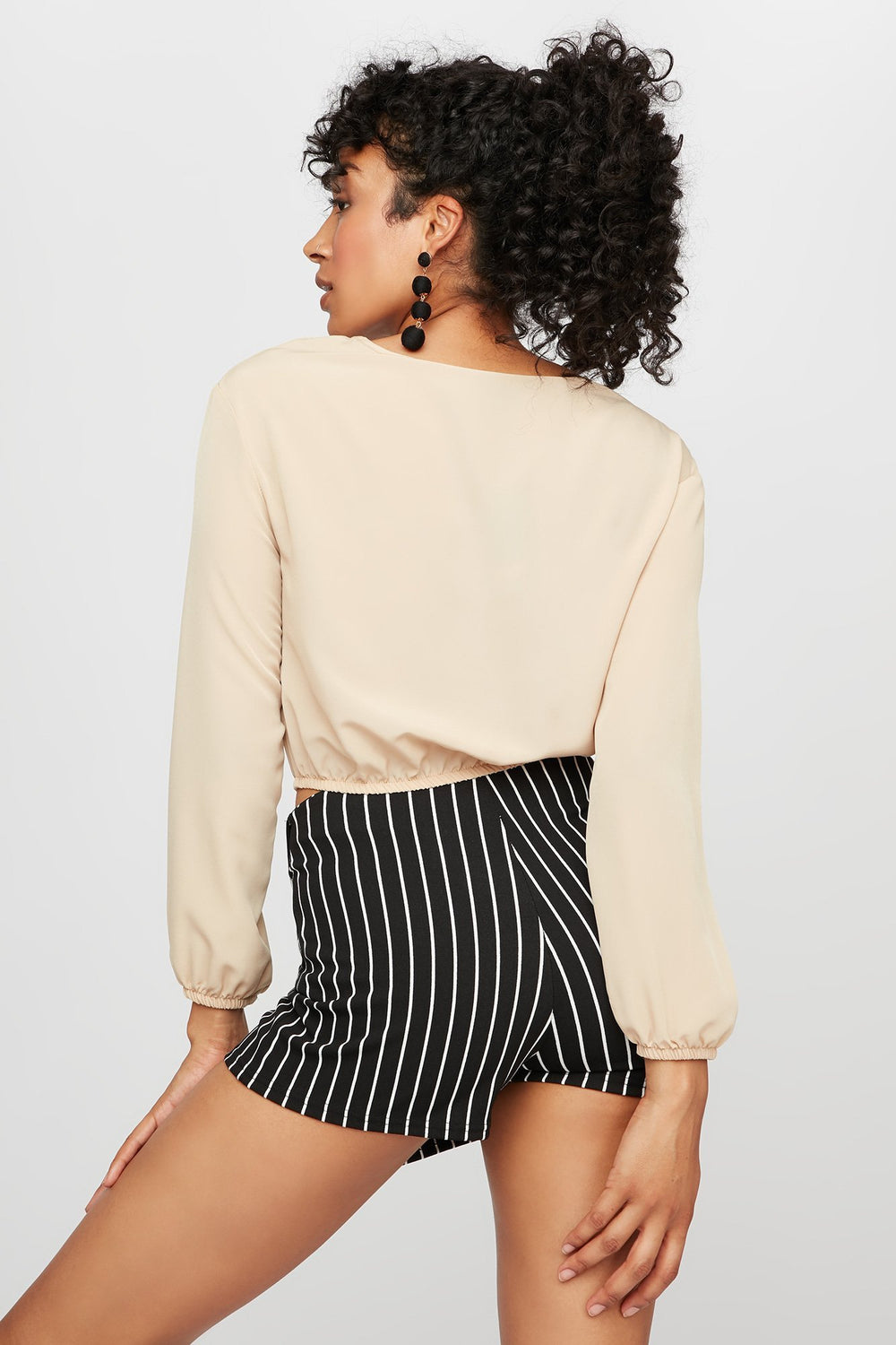 Women Lightweight Cinched Cropped Pocket Long Sleeve Tan