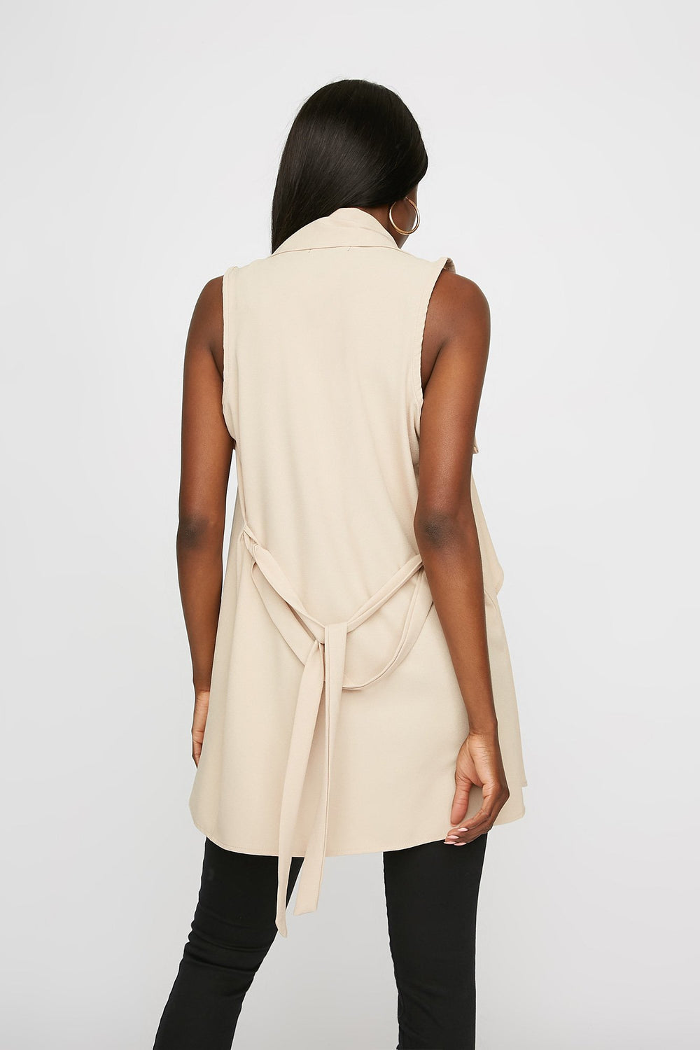 Women Longline Open-Front Waterfall Belted Vest Tan