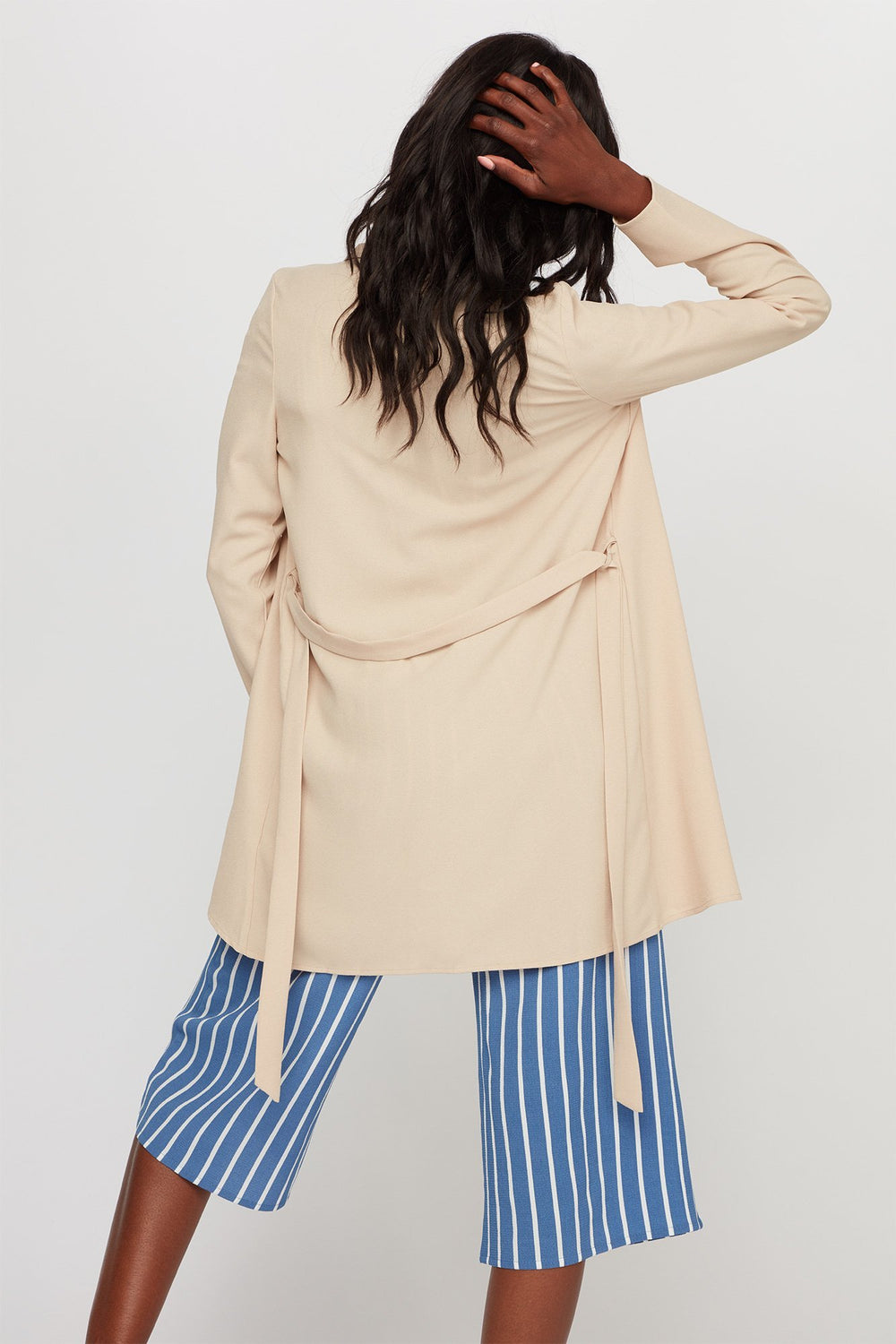 Women Open-Front Waterfall Belted Blazer Tan