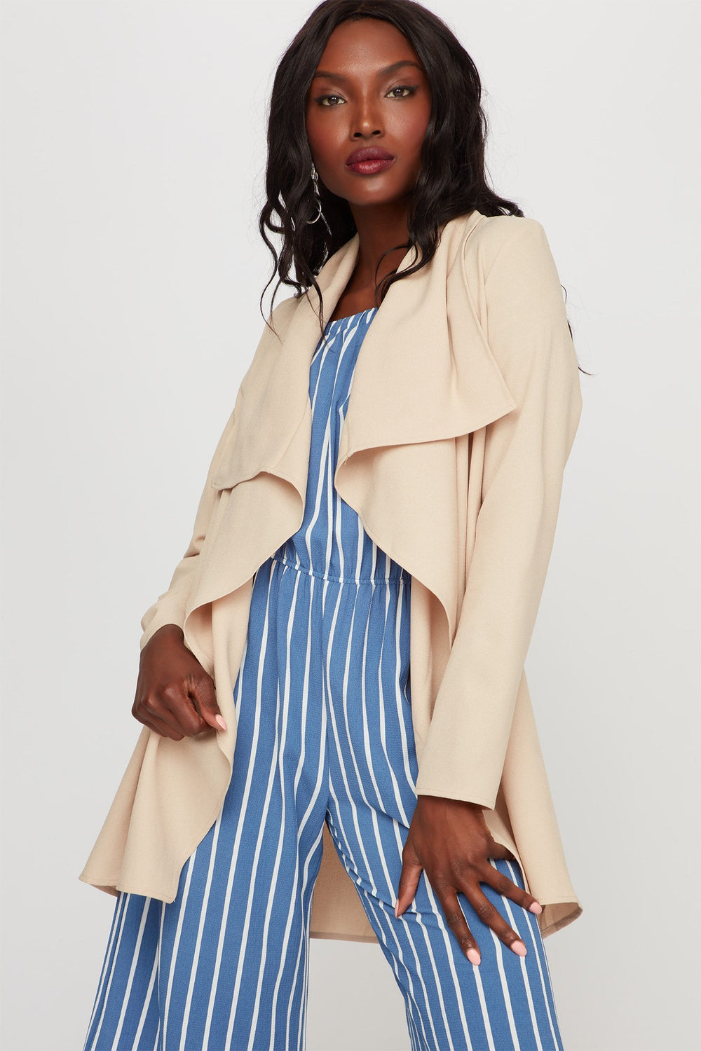 Women Open-Front Waterfall Belted Blazer Tan