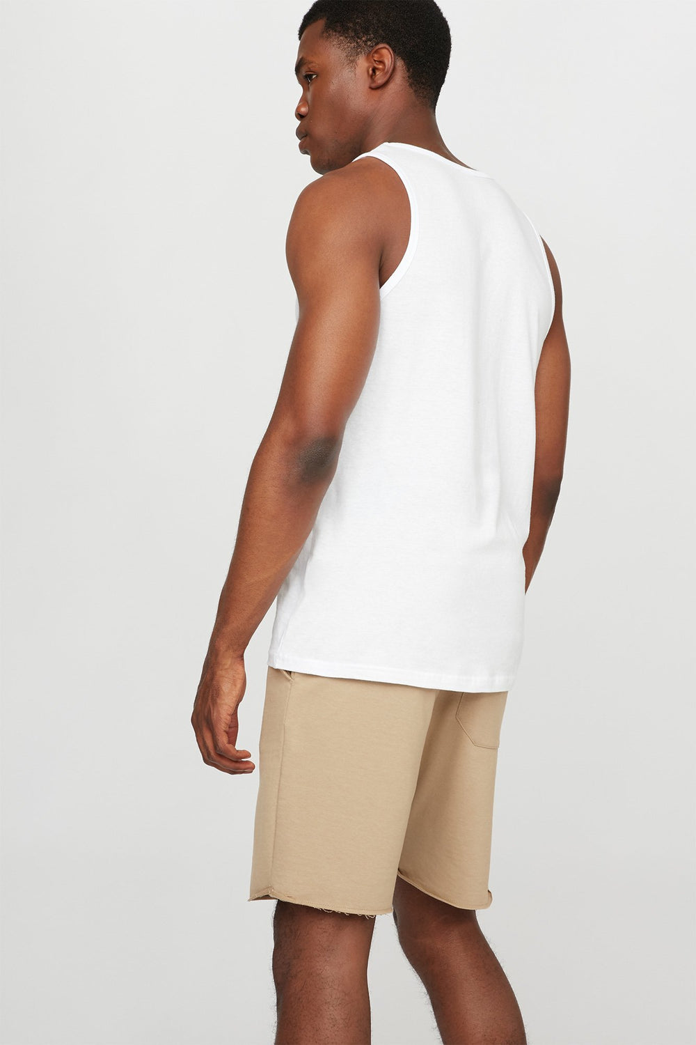 Men Fleece Slim Frayed Hem Drawstring Jogger Short Tan