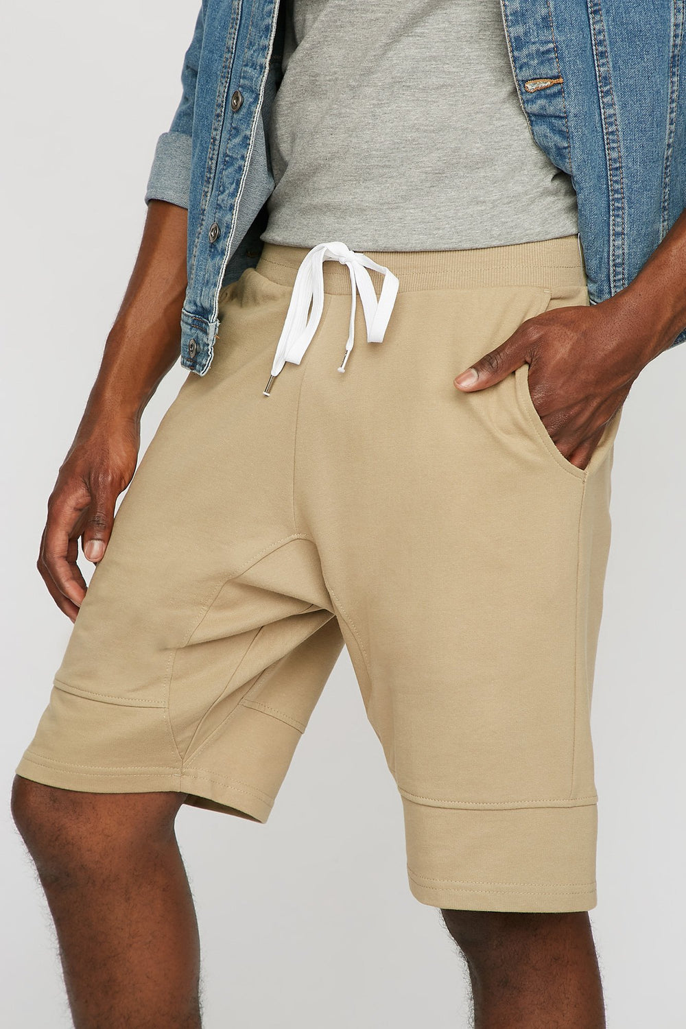 Men Slim Fleece Ribbed Drawstring Jogger Short Tan