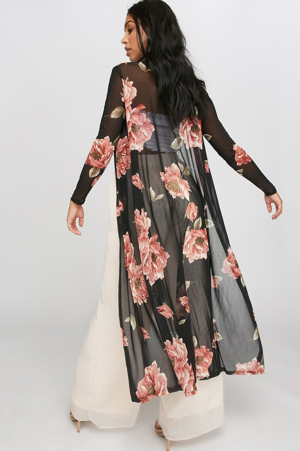 Women Floral Mesh Longline Kimono Cardigan Taupe