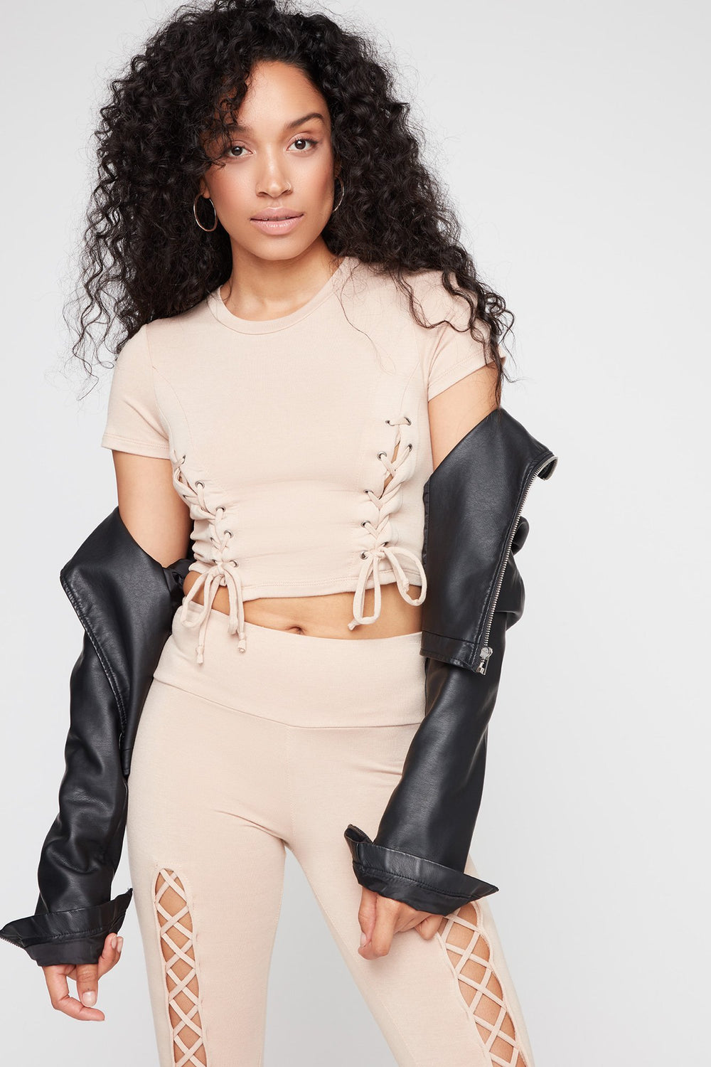 Women Lace-Up Cropped T-Shirt Taupe