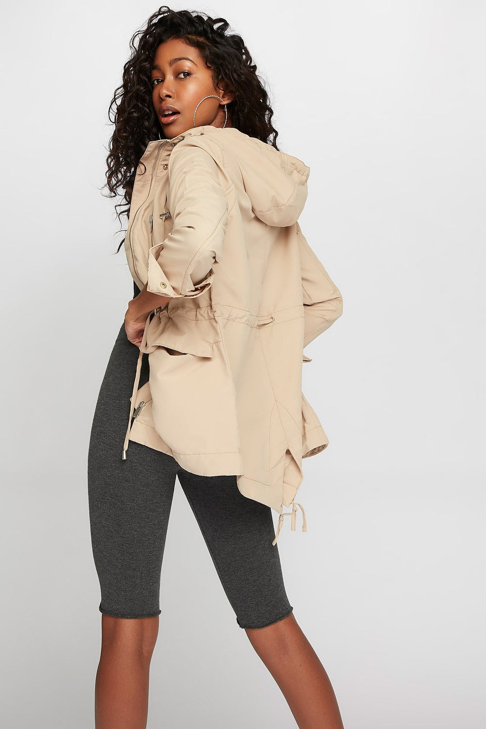 Women Microfiber Hooded Drawstring Anorak Jacket Taupe
