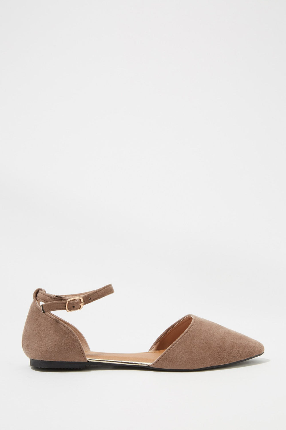 Women Faux-Suede Open-Shank Buckle Strap Flat Taupe