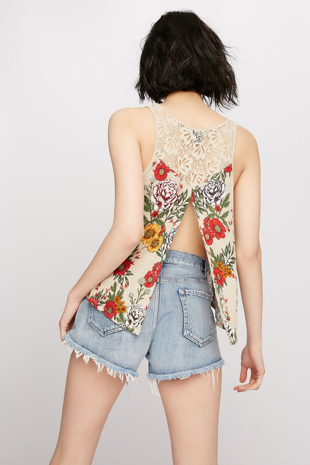 Women Floral Lace Open-Back Tank Taupe
