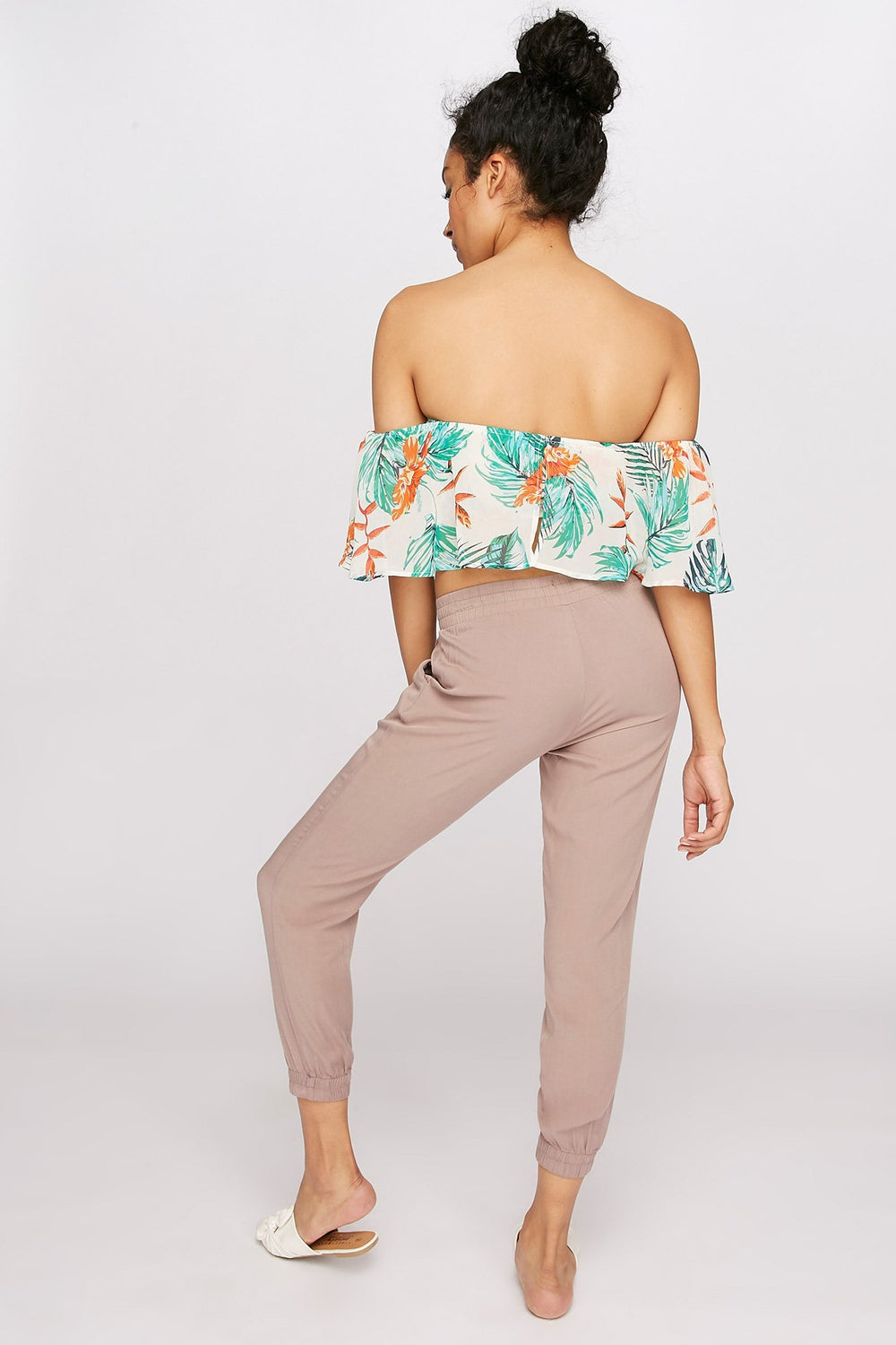 Women Pantalon léger à revers roulés et taille coulissante Taupe